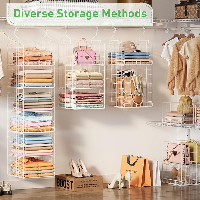 6 Tier Hanging Closet Organizers and Storage, 4 Hooks 2 Adjustable Dividers | Stackable Hanging Closet Shelves, Wire Storage Basket Bins for Clothing Purse Sweaters Shoes Socks Dolls, Foldable - Image 2