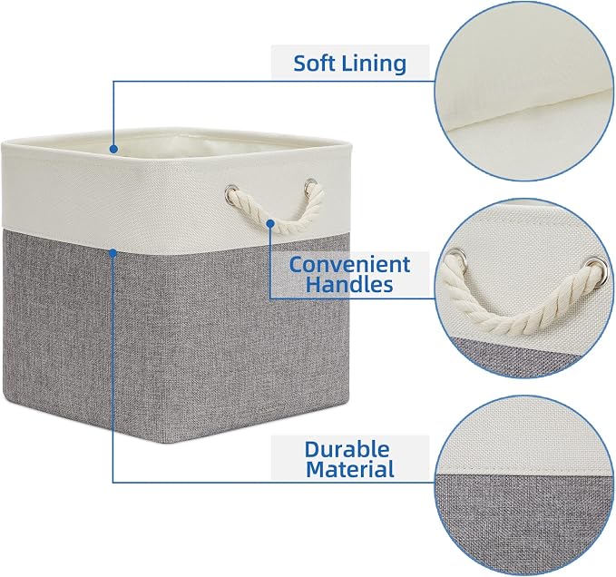Temary Fabric Baskets 13 Inch Cube Storage Baskets with Rope Handle, Storage Cube Bins Clothes Basket for Gift, Large Storage Bins for Storage Books, Blankets (White&Gray) - Image 5