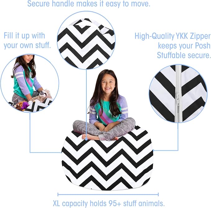 Posh Creations Kids Stuffed Animal Storage Bean Bag Chair Cover - Childrens Toy Organizer, Large-38in, Canvas Chevron Black and White - Image 2