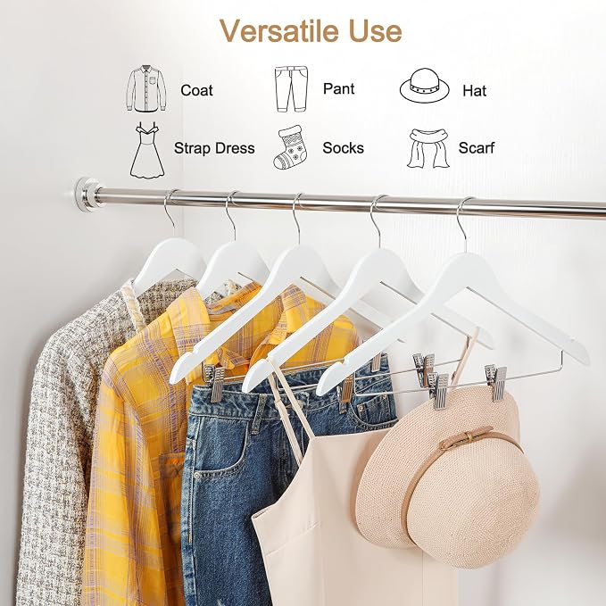 TOPIA HANGER Wooden Suit Hangers with Adjustable Metal Clips (10 Pack), Solid Smooth Wood Clothes Hangers, 360° Swivel Hook, Premium Pants Hangers for Clothes Coat, Jeans, Blouse-White,CT28W - Image 3