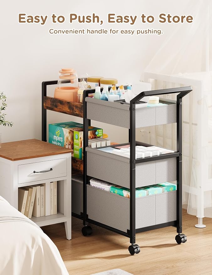 Twinkoo Baby Diaper Caddy Organizer, 3 Tier Rolling Cart | Tiered Modular Configuration, 66 lbs Capacity, Rolling Wheels, Dipaer Bag, Nursery Newborn Essentials, Easy To Assemble - Image 3