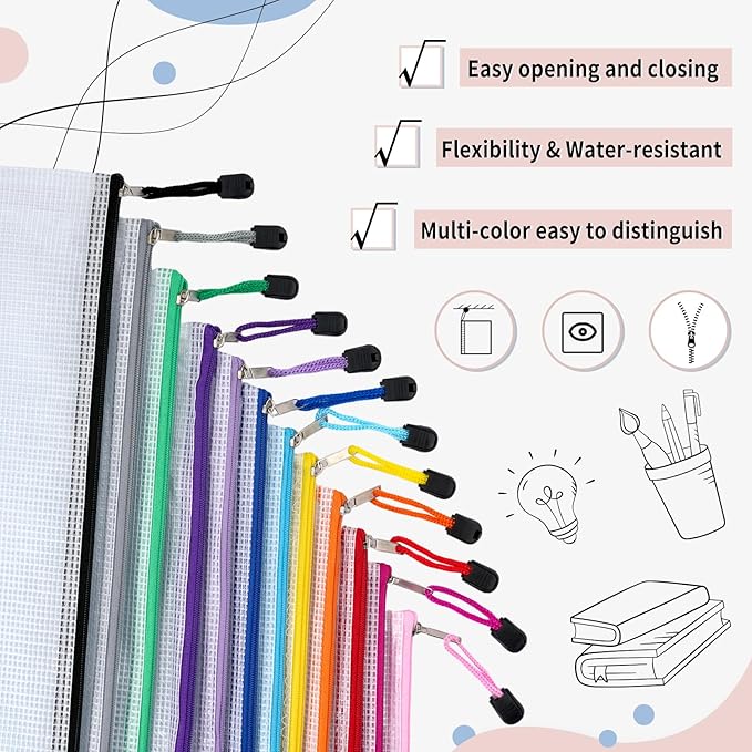 EOOUT 72pcs Mesh Zipper Pouch, A4 Size, 12 Colors Zipper Bags for Organizing Storage, Waterproof Puzzle Bag, Zipper File Bags for Board Games and School Office Supplies - Image 3
