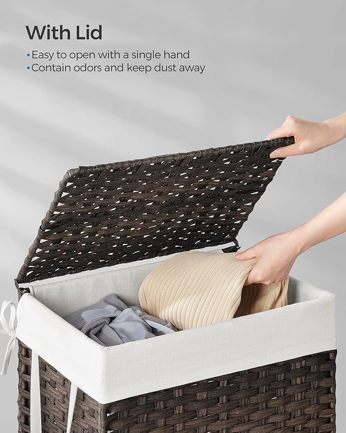 SONGMICS Laundry Hamper with Lid, 23.8 Gallon (90 L) Synthetic Rattan Clothes Laundry Basket with Lid and Handles, Foldable, Removable Liner, Chestnut Brown ULCB051K02 - Image 3