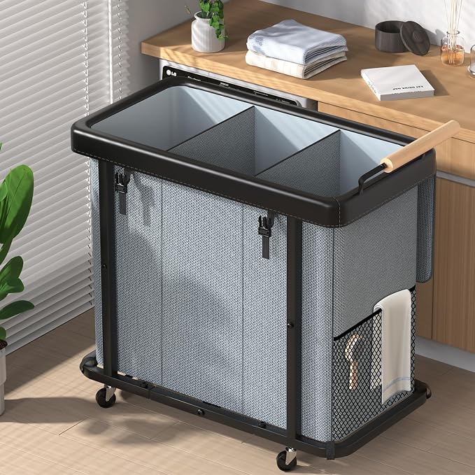 Rolling Laundry Hamper with Wheels, Laundry Hamper 3 Section with Lid Gray | Laundry Basket with Rolling Lockable Wheels and Handle, Laundry Basket Organizer for Laundry Room, Bedroom 230L by ELOWEN