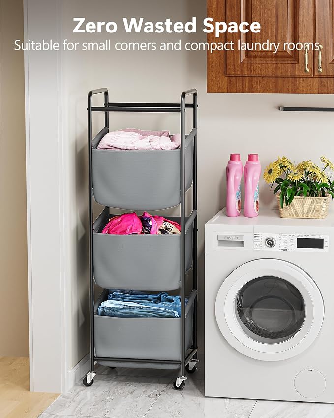 3 Section Laundry Sorter with Removable Bags, 120L Rolling Vertical Laundry Hamper, Stackable Laundry Baskets organizer for Bathroom, Apartment, Dorm (Gray, With Wheel) - Image 4
