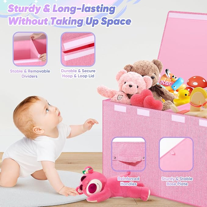 Extra Large Toy Box with Lids, Collapsible Storage Chest, 40"x16"x16" Pink | Sturdy Toy Storage Organizer with Dividers, Toybox for Kids Boys Girls, Bedroom Nursery Playroom Organization - Image 4