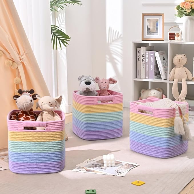 11 Inch Storage Cubes, 3 Pack Cube Storage Bins for Organizing, Cotton Rope Woven Baskets for Shelves, Bathroom, Kids Room, Closets, Baby Nursery - Image 3