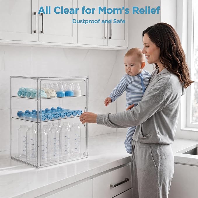HBlife Baby Bottle Storage Organizer for Countertop Cabinet, 3 Tiers Adjustable Clear Acrylic Bottles Storage Station Case Box Container with 2 Removable Dividers and Magnetic Door, Large - Image 2