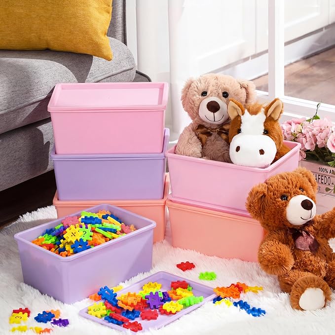 6 Pcs Small Plastic Storage Bins with Lids,Pink, Purple, Orange - Image 4