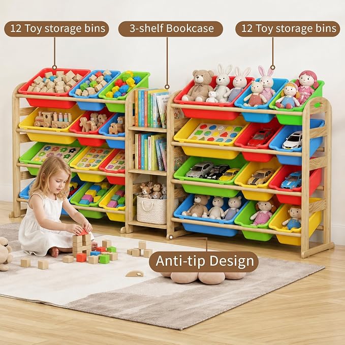 Large Wooden Toy Storage Organizer, 62" W Colorful 3-Shelf Bookcase/Bookshelf with 24 Toy Bins, Large Toy Organizers and Storage, Toy Box for Playrooms, Bedrooms Organization - Image 6