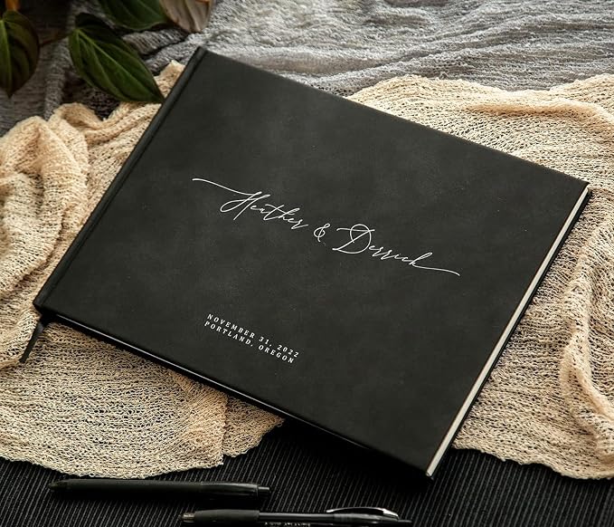 Personalized Guestbook in Charcoal - 11.5 x 8.5 Custom Hardcover Book for Wedding Reception Guests to Sign, Photobooth Album w/ Blank 140gsm Pages, Includes Ribbon Bookmark, Customized Names & Date - Image 7
