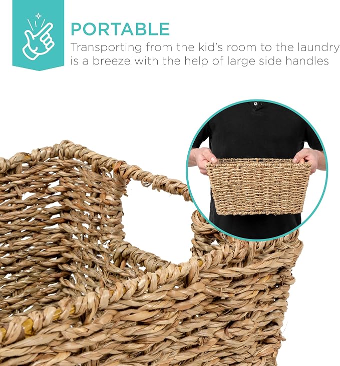 Best Choice Products Rustic Set Of 4 Multipurpose Stackable Seagrass Storage Basket, Handwoven Laundry Organizer Totes for Bedroom and Living Room, Shelves, Pantry w/Insert Handles - Natural - Image 4