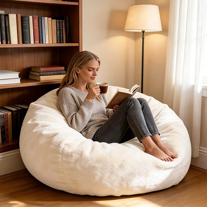 Faux Fur Comfy Bean Bag Chair Cover (No Filler)Stuffed Animal Storage Beige | Bean Bag Covers Large Bean Bag Sofa for Adults, furry fuzzy surface,for living room bedroom holiday gift by GurXien