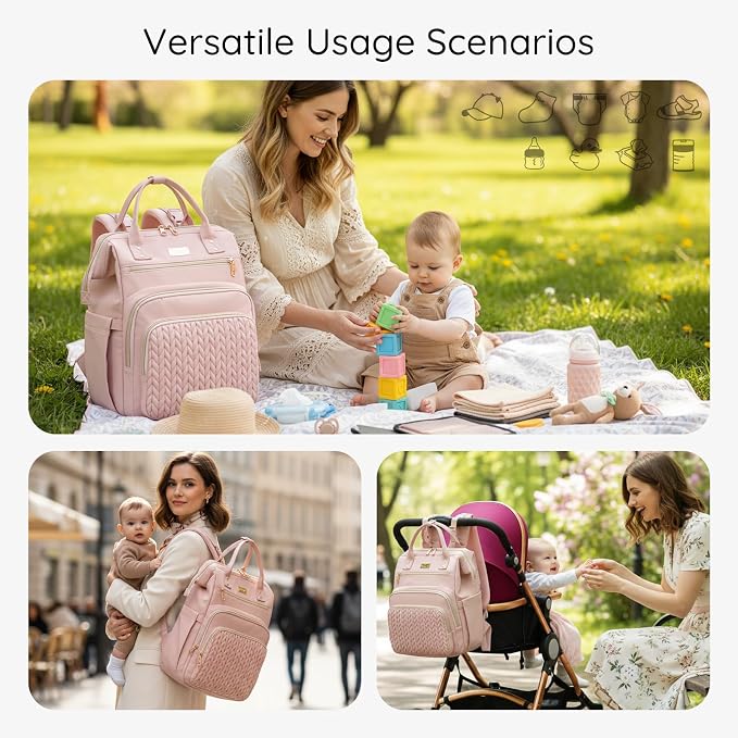 AIJIEKE Large Diaper Bag Backpack, Extra Wide Travel Diaper Bag, Pink | Multi-functional waterproof maternity bag. Changing pad, stroller straps, insulated wet/dry pocket. Mom, dad, toddler travel - Image 3
