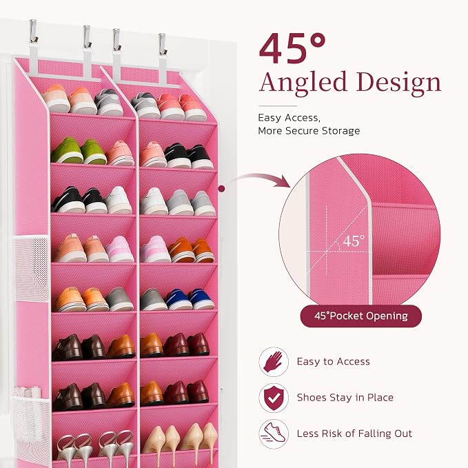 Over the Door Shoe Organizer, 20-30 Pairs Heavy-Duty Hanging Shoe Storage with Large Pockets, 10-Tier Door Shoe Rack with 4 Hooks for Sneakers Sandals Heels Boots (Pink) - Image 5