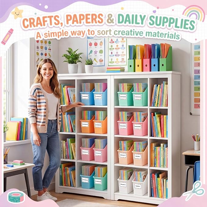 Blosssound 6 Set Book Bins for Classroom Stackable,Cloud Pastel | Plastic Baskets with Labels, Slanted Front, Library Supplies Organizers, Desktop Storage Bins, Teachers Home School Use - Image 5