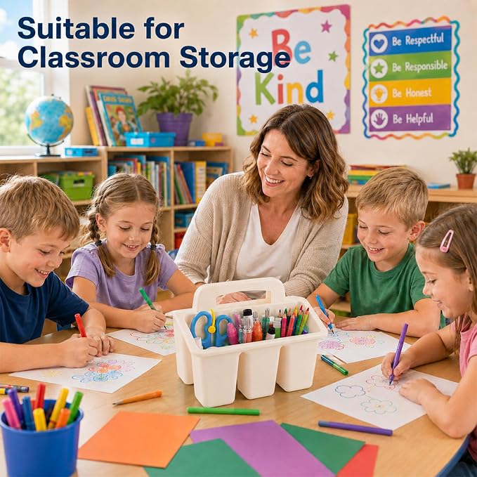 gisgfim 8 Pack Boho Classroom Caddy Table Organizer with Handle | Sturdy plastic construction, 4 divided slots, space-saving stackable design, smooth grip, portable center handle - Image 5
