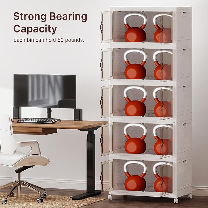 Stackable Storage Bins with Lids, 550QT Lockable Storage Cabinet | Closet Organizers, Foldable Storage Box with Doors and Wheels, Plastic Drawers for Home, Garage, Office (5, White, Plus) - Image 9