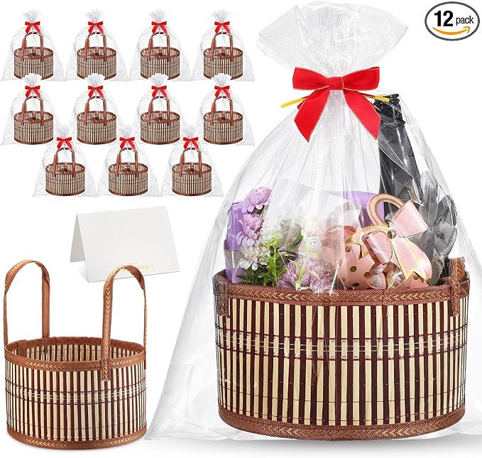 Weysat 12 Set Baskets for Gifts Empty Bulk, Large Woven Bamboo Gift Basket Kit with Handles, Bow, Wrap Bag to Fill for Raffle Thanksgiving Day Wedding Birthdays Party Wrapping (Brown) by Weysat