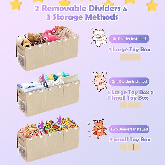 Extra Large Toy Box, Collapsible Toy Storage Organizer, 40"x16"x16", Beige | Sturdy Kids Toys Bin Chest with 2 Mesh Pockets and Dividers for Boys Girls, Bedroom & Living room Toy Organization - Image 6
