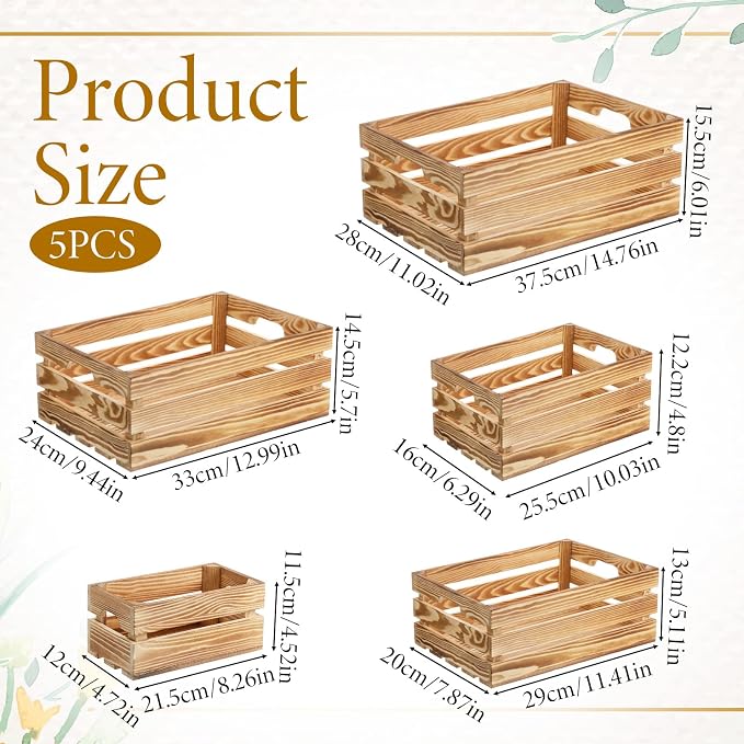 5 Pcs Decorative Nesting Wooden Crates for Storage Display Rustic, Large Torched Wood Storage Crates, Large Farmhouse Wooden Basket with Handle for Storages Container and Decorations, 5 Size - Image 2