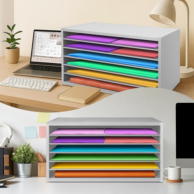 Construction Paper Organizer 20" x 13.5" x12.2",Soild Wooden Paper Organizer with 6-Tier Letter Trays, Desktop File Papers Sorter for Home, Classroom and Office (Gray) - Image 5