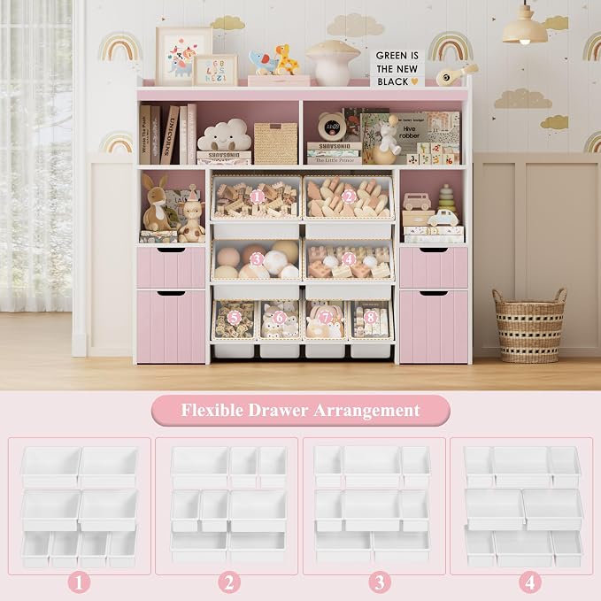 HORSTORS 55" W Toy Storage Organizer, Large Kids Bookshelf, Toy Box, Pink | 8 Plastic Storage Bins / 2 Removable Toy Storage Boxes / Open Shelves, Kids Bookcase with Drawers for Playroom, Kids Room - Image 7