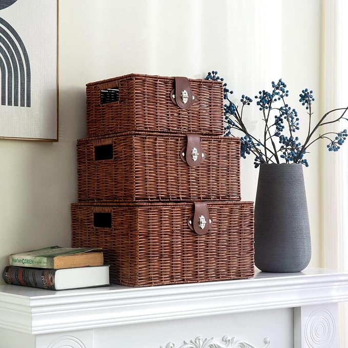 Set of 3 Woven Wicker Storage Basket Box with Lids & Lock, Built-in Carry Handles, Multifunctional Storage Organizer for Nursery, Baby, Toys, CLoset, DVD Large/Medium/Small Size (Natural) - Image 9