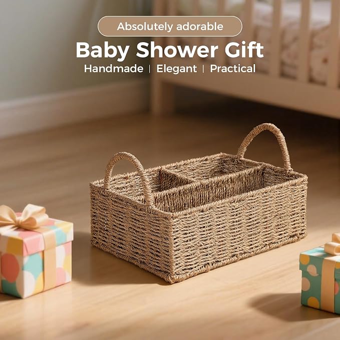 Diaper Caddy Organizer, Hand Rattan Nursery Baby Basket Changing Table Organizer for Baby Essentials, Baby Shower Gifts, Versatile Shelf Basket Bathroom/Kitchen Organizer (Natural Beige, L) - Image 8