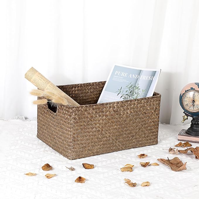 Hipiwe Wicker Storage Baskets Bin for Shelf Rectangular Seagrass Basket | Handwoven Opened Baskets Bin with Handle, Decorative Basket Box for Closet Bedroom Organizer - Image 2