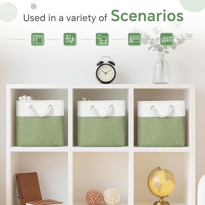 FinishingBo 11 inch Cube Storage Bin with Handles 6 Pack | Foldable Basket, Fabric Storage Bins, Closet Storage, Home Organizer (White/ Green) - Image 6