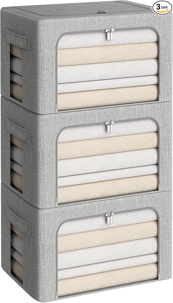 CYhom 3Pack Foldable Storage Bins - Frame Storage Box Linen Fabric Stackable Clothes Container Organizer with Clear Window & Carry Handles Large Capacity (Medium-36L, Light Grey) by CYhom