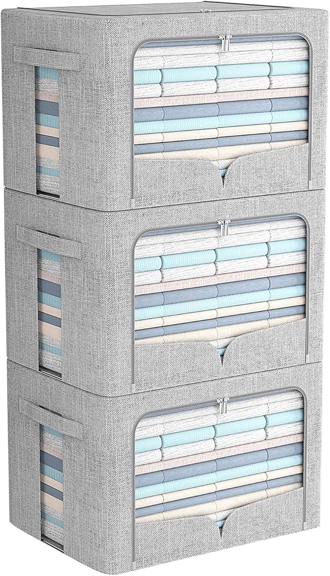 FHSQX 3 Pack Clothes Storage Bins with Metal Frame-36L | 15.7x11.8x11.8inch,Portable, Large Clear Window, Stackable, Durable Handles, Foldable, Linen Fabric by FHSQX