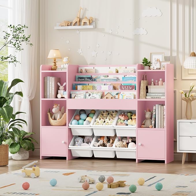 Toy Storage Organizer with 6 Toy Bins & 4 Tier Kids Bookshelf | Toy Organizer with 6 Cubbies, Kids Toy Organizers and Toy Storage with Bins, Playroom Storage and Toy Chest, Pink - Image 7