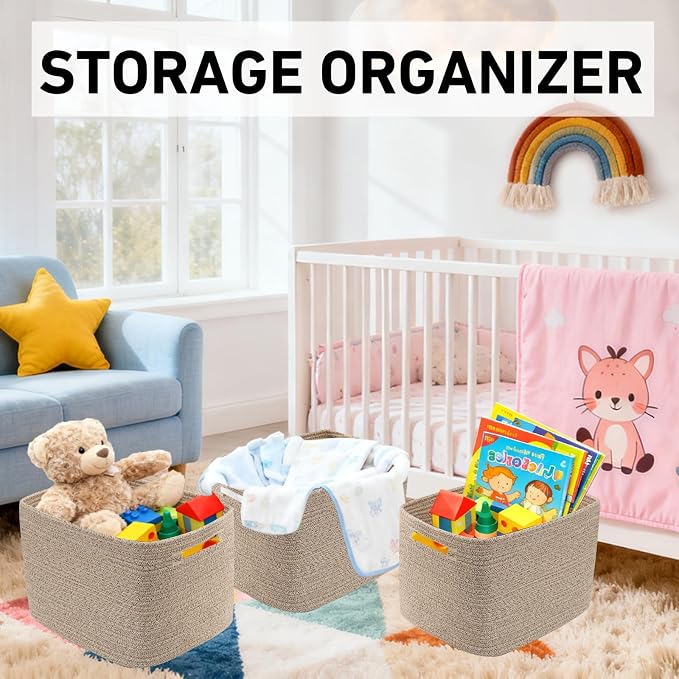 3 Pack Woven Baskets,Storage Baskets for Shelves with Handles | 13.5"×11"×9.5", Closet Baskets, Nursery Organizer for Toys Towels Books, Storage Bin for Living Room Bedroom (Mixed Brown) - Image 4