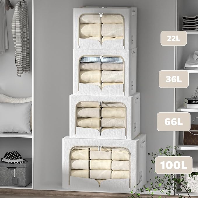 FHSQX 3 Pack Clothes Storage Bins with Metal Frame | Cream White, 23.6x16.5x15.7inch,Foldable, Stackable Linen Fabric, Carrying Handles, Clear Window - Image 3