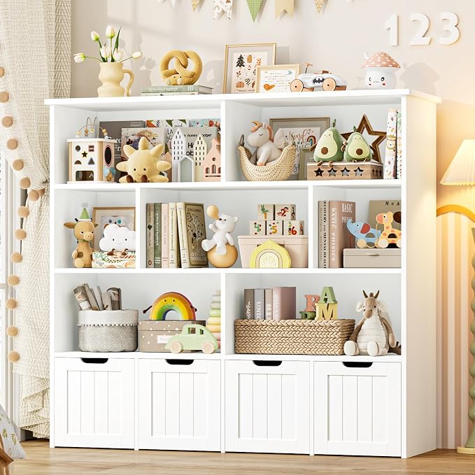 Toy Storage Organizer with Movable Drawer Toy Organizer for Kids | Kids Bookshelf and Toy Chest Storage with Hidden Wheels, Toy Organizers and Toy Storage for Playroom, White by finetones
