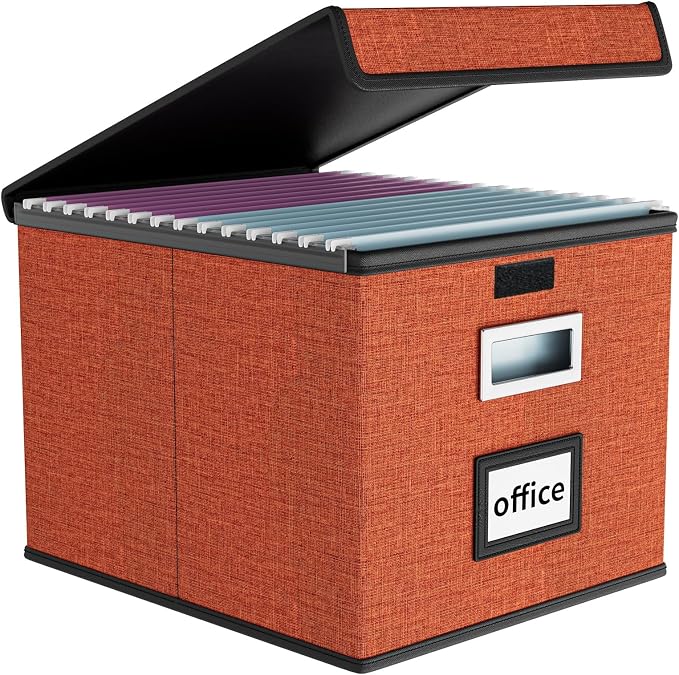 File Organizer Box with Lids, Collapsible File Folder Organizer | File Box with Plastic Slides for Document, Filing Bin for Letter Size Hanging File Folders (1 Pack, Reddish Organge) by Huolewa