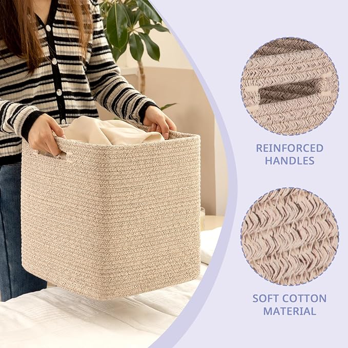 OIAHOMY 3 PACK Cube Storage Bin 13 Inch Collapsible Storage Cube Brown | Cube Storage Organizer Storage Bins for Shelves Baskets for Organizing Woven Rope Storage Baskets - Image 3