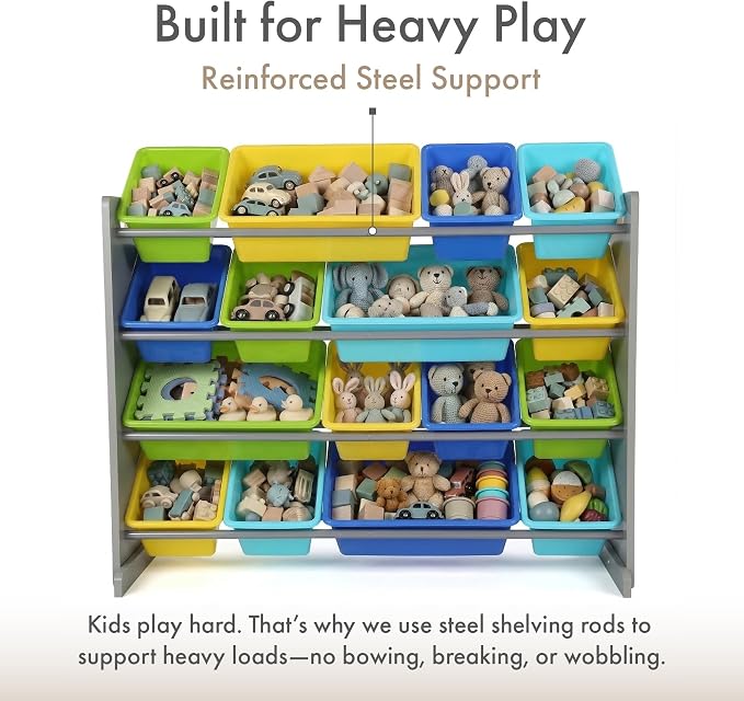 Humble Crew Kids Toy Organizer with 16 Bins, 4 Tier Storage for Playroom | Sturdy wood and steel toddler shelf, removable BPA-free containers, wall anchor anti-tip safety kit for bedroom or classroom - Image 5