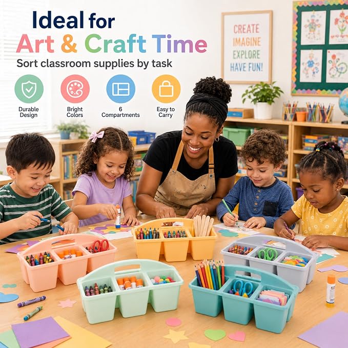 6 Pack Assorted Colors 6 Compartment Classroom Caddy with Handle Portable Plastic Storage Classroom Caddies Organizer for Classrooms Supply Teacher Office Table Desk(Boho) - Image 6