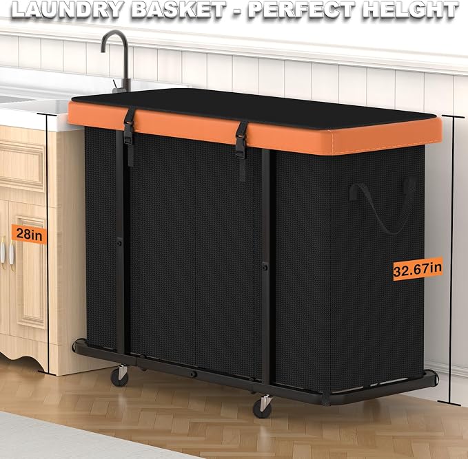 Laundry Basket with Wheels, 300L Leather Patchwork Laundry Sorter 4 Section | Sturdy Metal Frame, Removable Washable Bag, Tall Clothes Sorter for Bedroom - Black - Image 4
