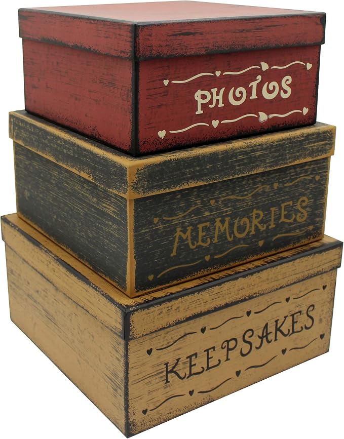 Primitive Vintage Square Photos, Memories, Keepsakes Cardboard Nesting Boxes, Large 11 X 11 X 5-1/2 Inch. Set of 3. by CVHOMEDECO