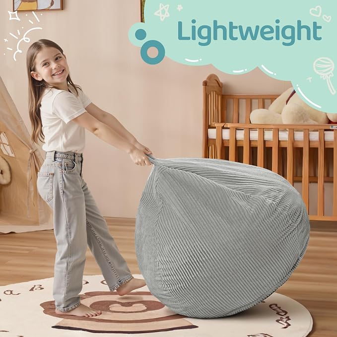 2FT Bean Bag Chair: 2' Small Bean Bags with Memory Foam Filled | Beanbag Chairs with Handle,Teardrop Bean Bag Sofa with Corduroy Machine Washable Cover for Living Room,Bedroom-Light Grey - Image 4
