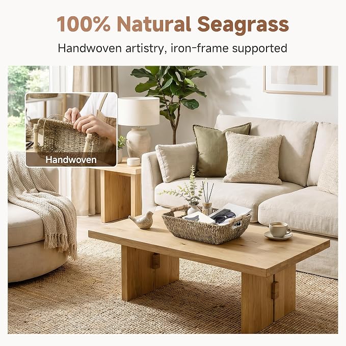 StorageWorks Hand-Woven Jumbo Storage Baskets with Wooden Handles, Seagrass Wicker Baskets for Organizing, 2-Pack | Wicker Storage Baskets for Shelves, Baskets with Wooden Handles, 2-Pack Gifts Basket for Home Decor, Hand-Woven Basket - Image 5