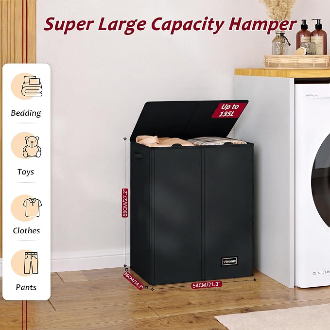 135L Laundry Hamper 2 Section, Large Laundry Hamper with Lid, Dirty Clothes Hamper with 2 Removable Inner Bags, Collapsible Laundry Basket Organizer for for Clothes Toys Towels, Hamper 2 Compartment - Image 2