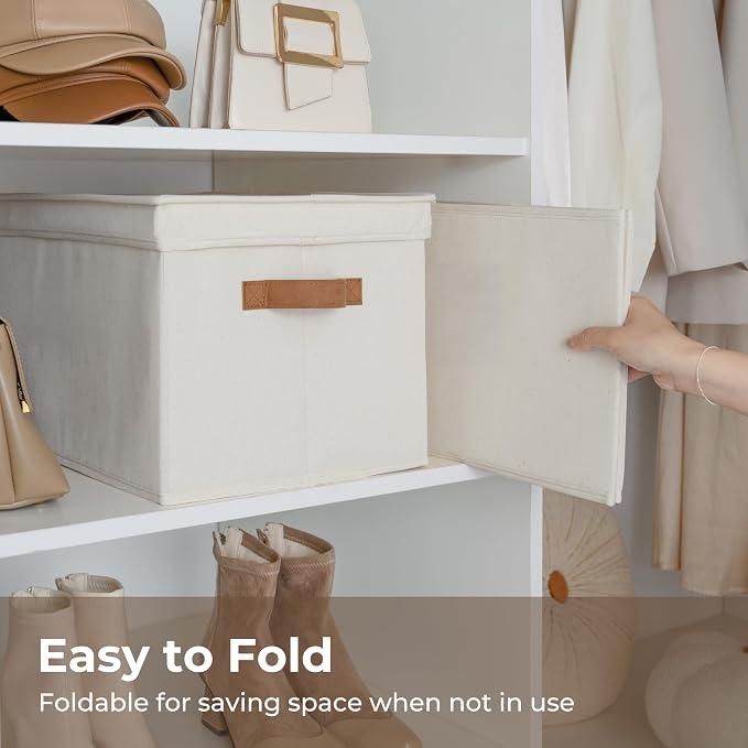 StorageWorks Fabric Storage Bins with Lids, Closet Storage Bins | Lidded Dust-proof, Easy Pull Handles, Foldable, Stackable, Ideal for Clothes Blanket Towel, Jumbo, Ivory, 3-Pack - Image 2