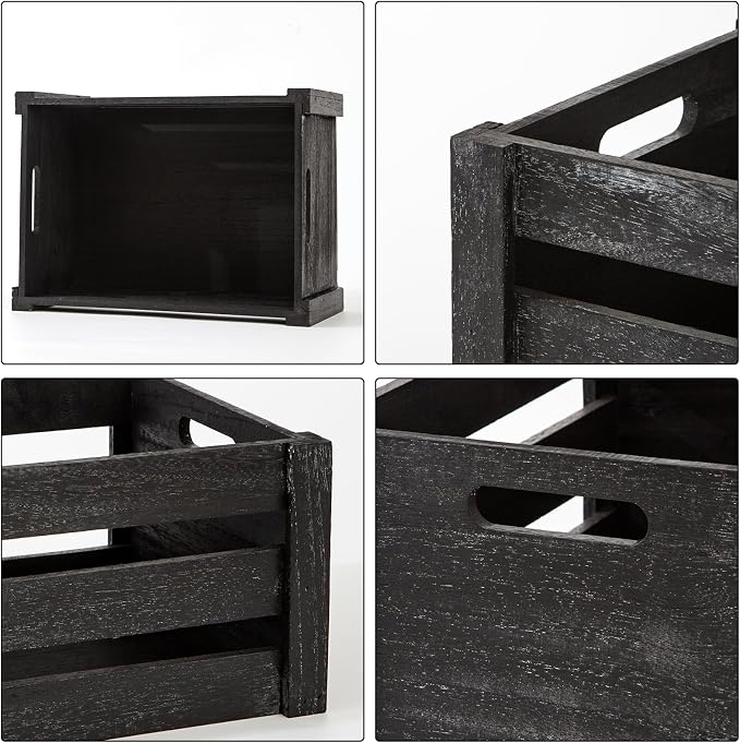 Set of 3 Nesting Wooden Crates, Small Rustic Farmhouse Wood Storage Boxes with Handles, Stackable Compact Organizer Bins for Kitchen Bathroom Bedroom Decor, 3 Sizes & 3 Colors (White, Brown, Black) - Image 3