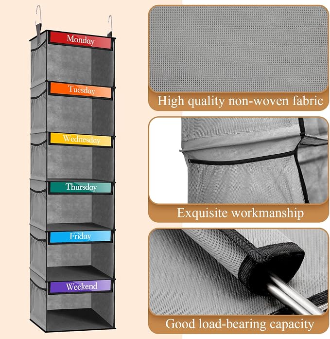 2 Pcs 6 Shelf Hanging Weekly Clothes Organizer for Kid,Gray | Closet Organization, Hanging Closet Shelves with Side Pockets, Labeled Shelves with Days of The Week Monday Through Weekend - Image 5