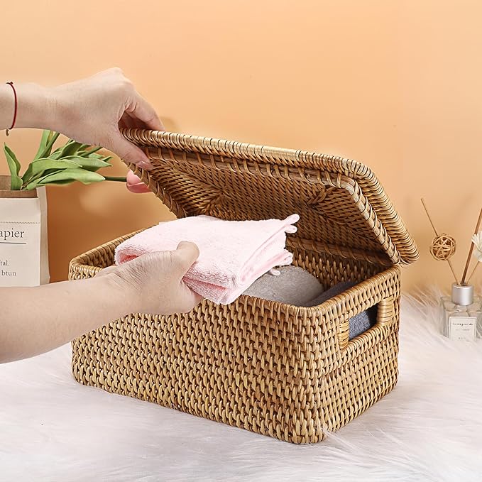 Hipiwe Rattan Basket with Lid Rectangular Lidded Wicker Storage Basket Bin | Natural Hand-Woven Basket Boxes for Shelf Organizing Picnic Food Bread Table Storage Basket, 12"x7.9"x 5.9" - Image 5